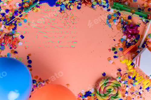 Visualização: Vista superior de objetos de festa de aniversário em fundo colorido. Conceito de celebração