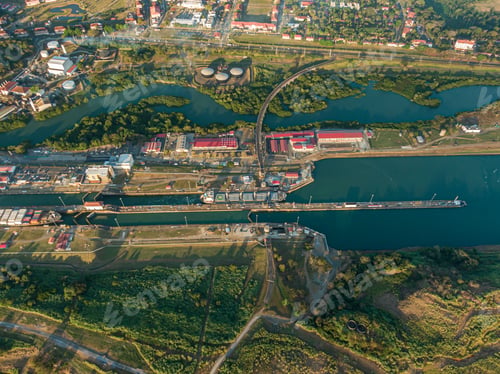 Preview: Beautiful Aerial View Of The Panama Channel Miraflores Locks At The Sunset