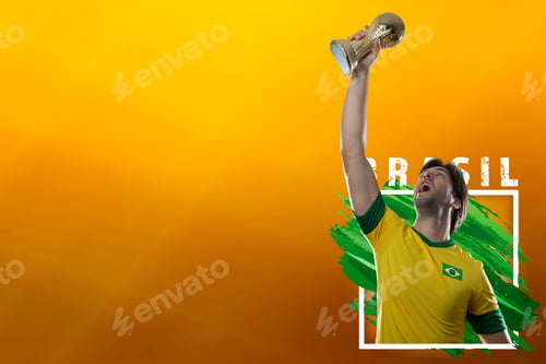 Preview: Brazilian Soccer Player, Celebrating On A Yellow Background With Copy Space.