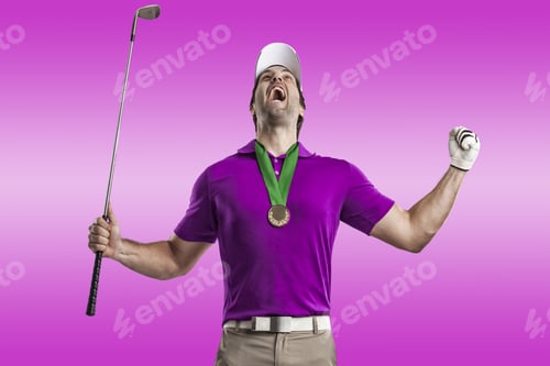 Preview: Golf Player In A Pink Shirt Celebrating With A Golden Medal, On A Pink Background.