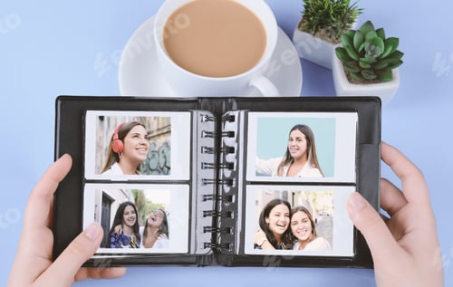 Preview: Photo Album With Empty Instant Photos On Light Blue Background. Travel Concept