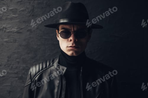 Preview: Portrait Of Stylish Young Man In Black Leather Jacket And Hat