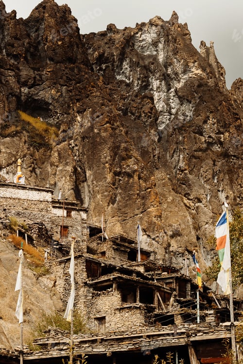 Preview: Traditional Stone Build Village Of Manang. Mountains In The Background. Annapurna Region, Nepal.