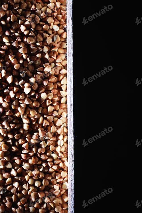 Preview: A Set Of Grain Cereals. Rice, Buckwheat And Millet Groats In Wooden Tray. A Grocery Set Of Cereals