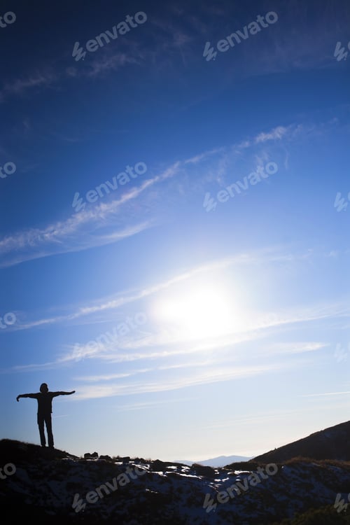 Preview: Silhouette Girl Climbers On The Top Of A High Mountain.