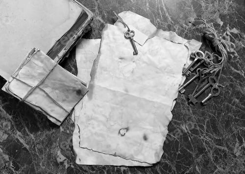 Preview: Retro Papers And Book On Detective Work Table With Tools Background