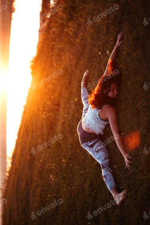 Preview: Yoga Practice And Meditation In Nature In Sunrise. Woman Practicing Near Big River Kama