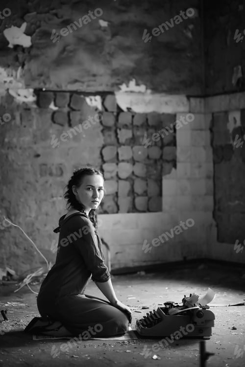 Preview: Retro Girl In The Old House Reading Books And Writing A Story
