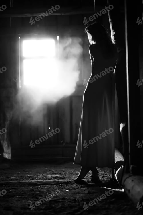 Preview: Silhouette Of A Beautiful Girl In A Dress On The Background Of A Window In An Old House