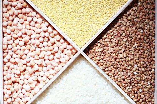 Preview: A Set Of Grain Cereals. Rice, Buckwheat And Millet Groats In Wooden Tray. A Grocery Set Of Cereals
