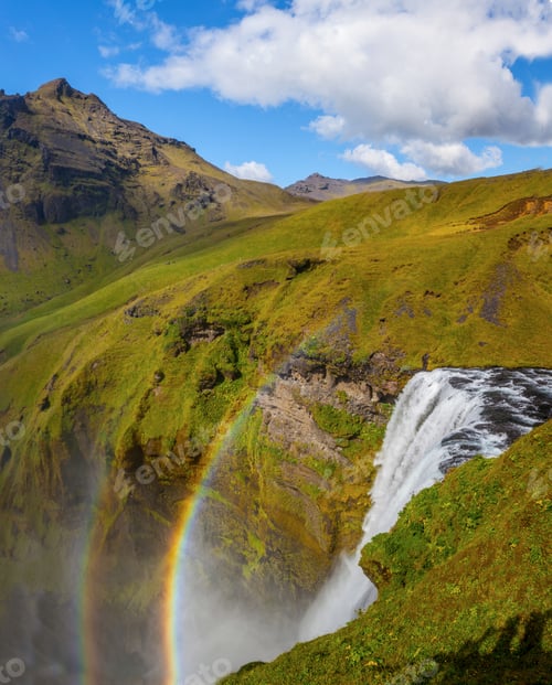 Preview: Skogafoss Waterfall And Raibow In Sunny Day In Iceland