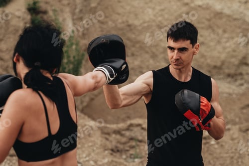 Preview: Two Boxers In Black Sportswear Training Together Open Air Healthy Lifestyle And Outdoor Workout