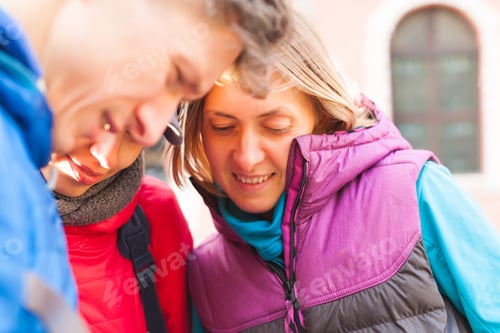Preview: Friends Take A Selfie. Three Friends Are Walking Through The Beautiful Old Town. Travel To European