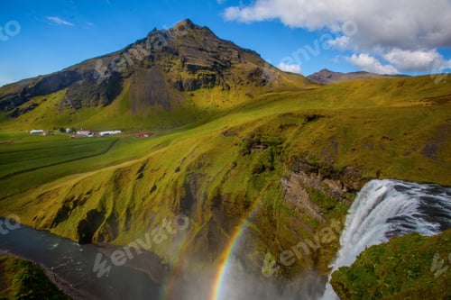 Preview: Skogafoss Waterfall And Raibow In Sunny Day In Iceland
