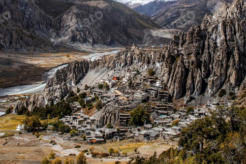 Preview: Panoramic View Of Manang Valley And Annapurna Mountains Range. Annapurna Circuit Trek, Nepal
