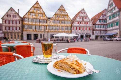 Preview: Tea With Apple Strudel In Street Cafe, Herrenberg, Germany
