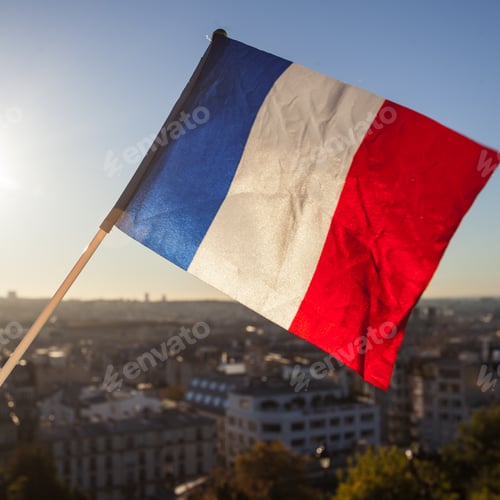 Preview: The Flag Of France On Background Of The View Of Paris From Sacre Coeur Basilica In France In Sunset