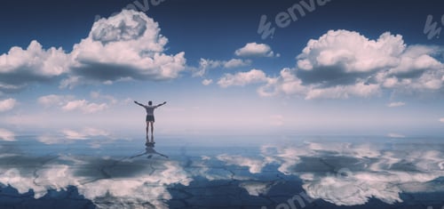 Preview: Silhouette Of Man With Raising Hands On A Smooth Surface Of The Lake, Reflected In Water. Instagram