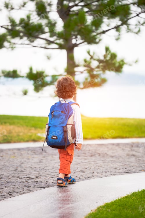 Preview: A Boy With A Backpack Is Walking In The Park. A Curly Child Runs Along The Path. A Preschooler