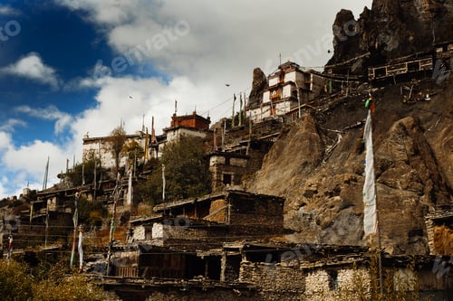 Preview: Traditional Stone Build Village Of Manang. Mountains In The Background. Annapurna Region, Nepal.