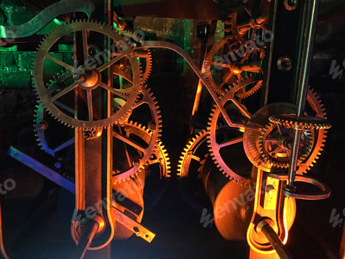 Preview: Close View Of Old Clock Mechanism With Gears And Cogs. Conceptual Photo