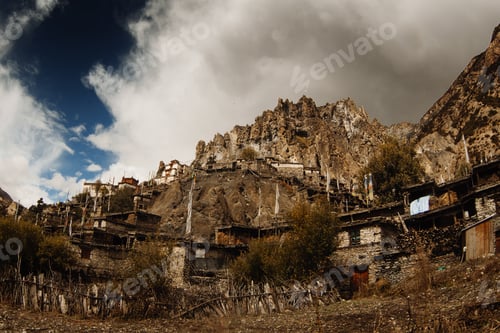 Preview: Traditional Stone Build Village Of Manang. Mountains In The Background. Annapurna Region, Nepal.