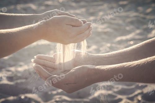 Preview: Child Throws Sand To The Mothers Arms. Active Parents And People Outdoor Activity On Summer