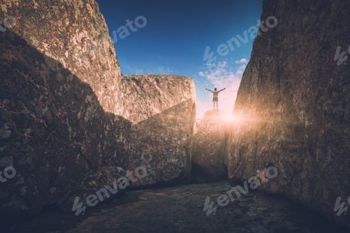 Preview: Man With Raised Hands Standing On A Big Stone In A Deep Canyon. Instagram Stylization.