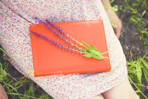 Preview: Girl In Summer Dress Holding A Book Standing On The Sunny Meadow. Soft Focus.