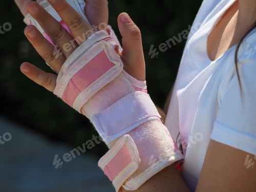 Preview: Little Girl Puts On Protection For Roller Skating. Close Up.