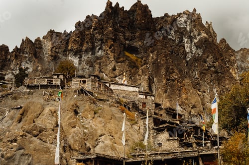 Preview: Traditional Stone Build Village Of Manang. Mountains In The Background. Annapurna Region, Nepal.