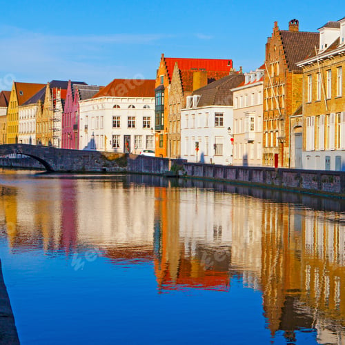 Preview: Streets Of Brugge With Colourful Houses , Reflecting In The River, Belgium
