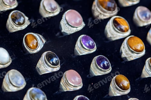 Preview: Display With Different Design Of Handmade Rings With Stones Beads
