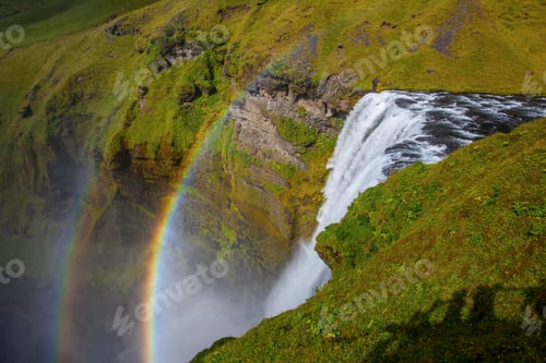 Preview: Skogafoss Waterfall And Raibow In Sunny Day In Iceland