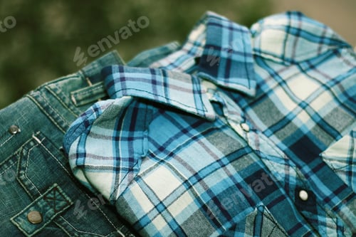 Preview: Blue Plaid Shirt and Green Denim Jeans