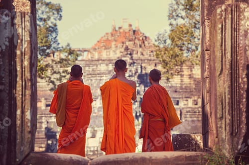 Preview: Buddhist Monks In Ancient Khmer Civilization Ruins Of Angkor Near Siem Reap, Cambodia