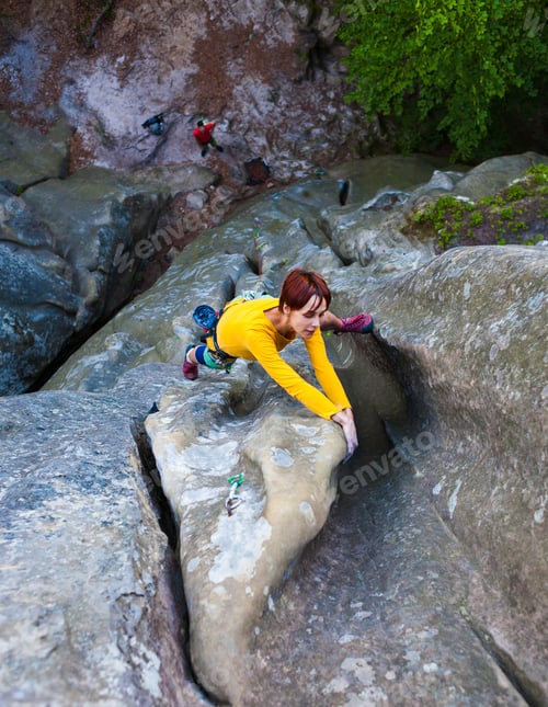 Preview: Sports Girl Climbs On The Rock. Climbing In Nature, Active Rest On A Day Off.