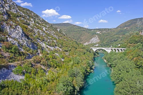 Preview: Beautiful River Soca And Ancient Buildings In Small Town Kanal, Slovenia