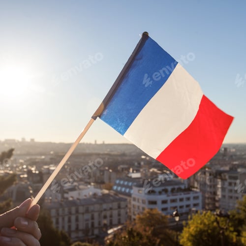 Preview: The Flag Of France On Background Of The View Of Paris From Sacre Coeur Basilica In France In Sunset