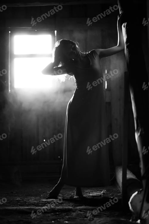 Preview: Silhouette Of A Beautiful Girl In A Dress On The Background Of A Window In An Old House