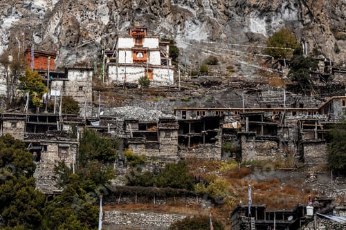 Preview: Traditional Stone Build Village Of Manang. Mountains In The Background. Annapurna Region, Nepal.