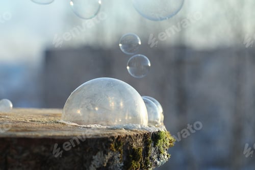 Preview: Soap Bubbles Freeze In The Cold. Winter Soapy Water Freezes In Air.