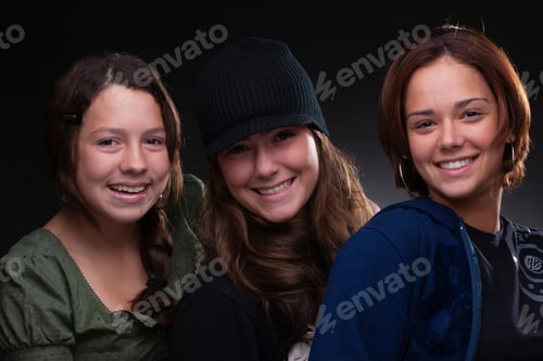Preview: Three Beautiful Friends Smiling, Studio Light, Neutral Background