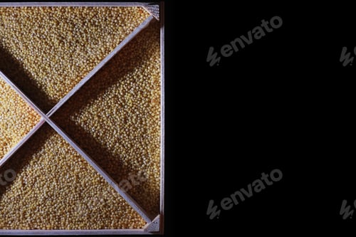 Preview: A Set Of Grain Cereals. Rice, Buckwheat And Millet Groats In Wooden Tray. A Grocery Set Of Cereals