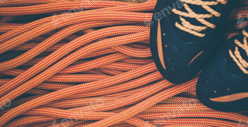 Preview: Climbing Equipment. Rope And Climbing Shoes. Sports Equipment Closeup.