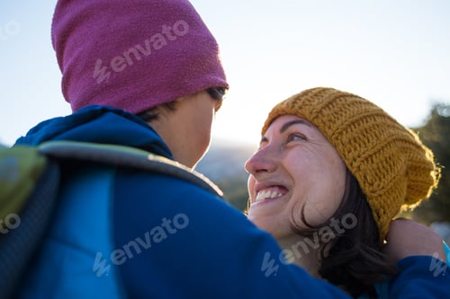 Preview: Portrait Of A Boy. Mom Hugs Her Son. A Smiling Woman Spends Time With A Child In Nature At Sunset