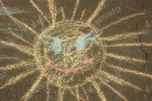 Preview: A Child'S Drawing Of Sun And Colorful Chalks On A Street, A Sidewalk Or A Pavement.
