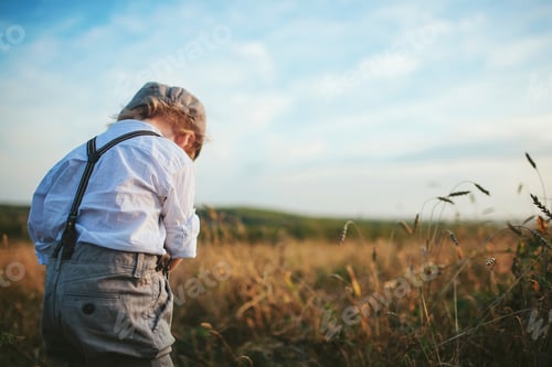 Preview: Traveler Little Boy Standing With His Back To The Field