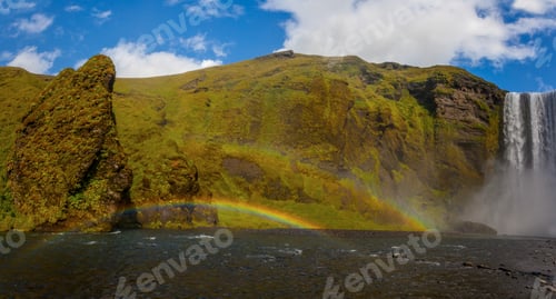 Preview: Skogafoss Waterfall And Raibow In Sunny Day In Iceland
