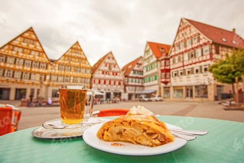 Preview: Tea With Apple Strudel In Street Cafe, Herrenberg, Germany
